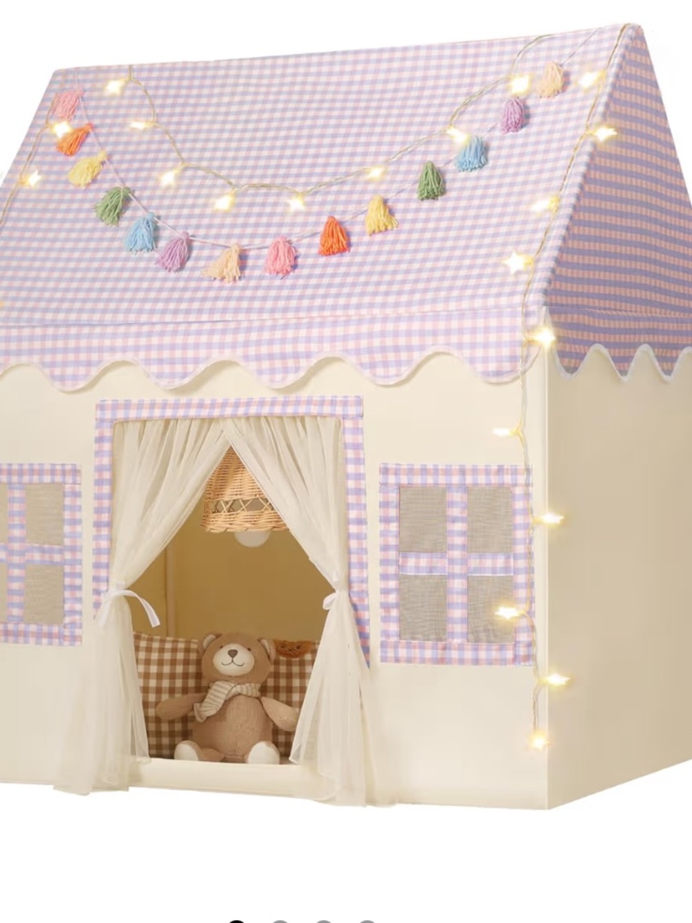 Purple Checkered Kids Play Tent Playhouse with Tassel Garland